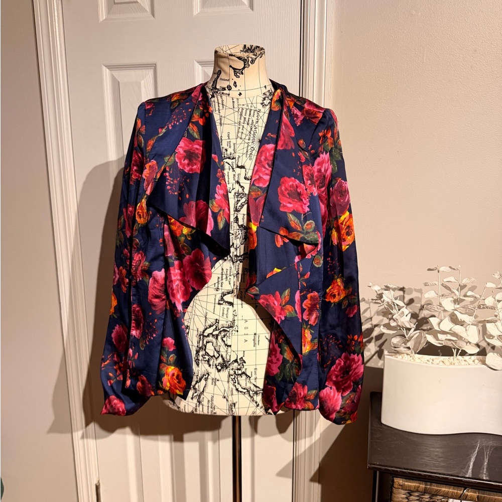 Arden B Vintage y2k Floral vibrant silky tailored Open blazer colorful sz L